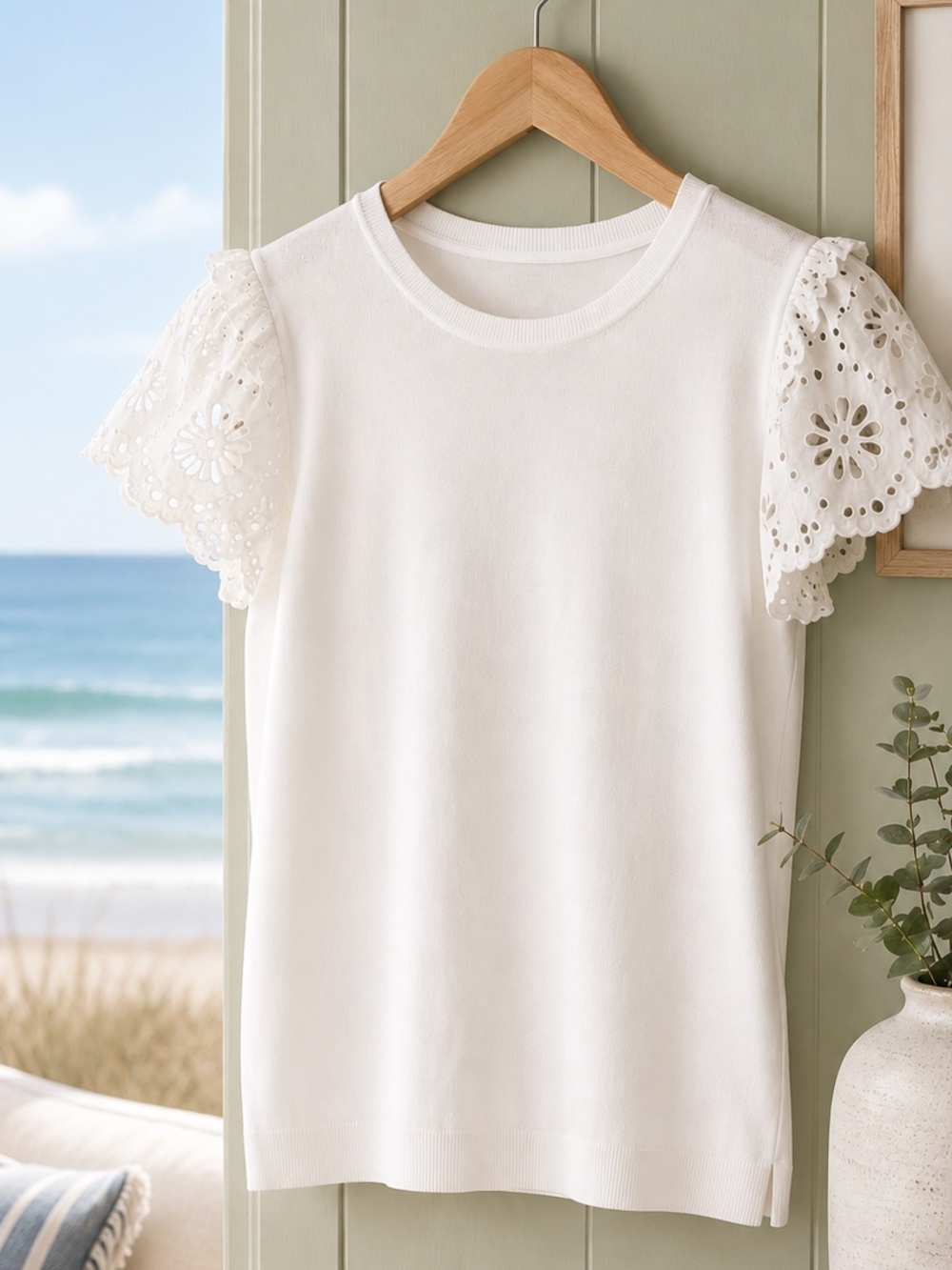 Women's White Eyelet-Sleeve Knit Top size XL